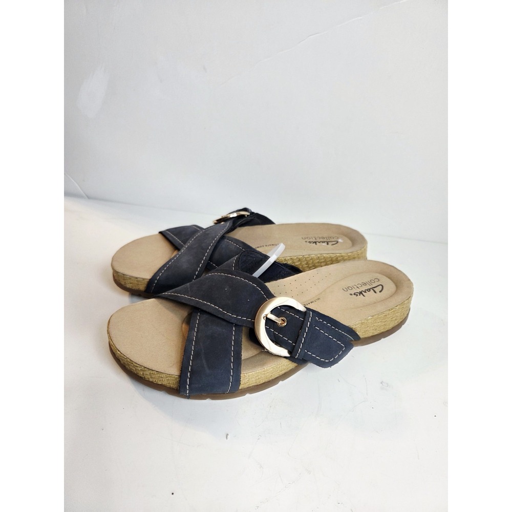 Clarks Womens Reileigh May Blue‎ Leather Casual  Sandals Shoes 8M Nubuck Navy